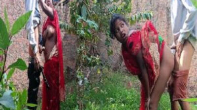 Indian village hot Bhabhi in red sari outdoor fucked mms