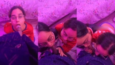 Lucky College Boy Giving Threesome Blowjobs By Lesbian Sister in Room